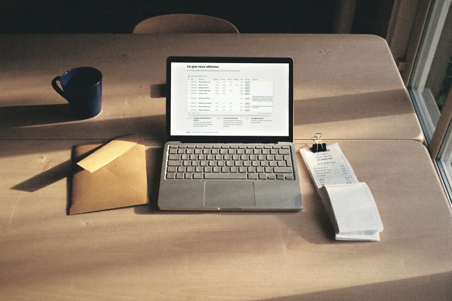 The same table cleared: the receipts clipped in a neat stack, the laptop showing the finished spreadsheet.