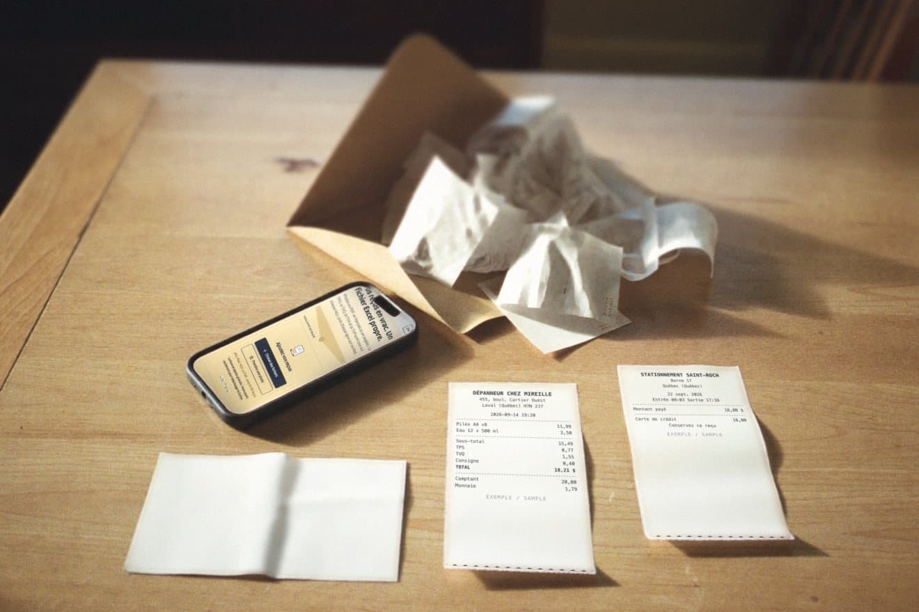 A manila envelope spilling crumpled receipts onto a kitchen table, two receipts laid flat and a phone open on Tableau des reçus.